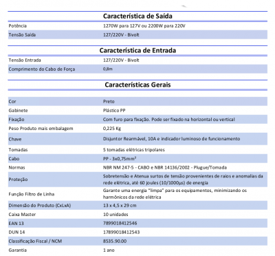 Filtro de Linha 5 tomadas Plástico